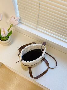 Fashionable Summer Beach Straw Woven Bucket Bag Drawstring Handbag Crossbody Bag For Women - Brown - View 5
