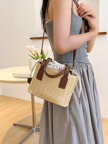 Fashionable Summer Beach Straw Woven Bucket Bag Drawstring Handbag Crossbody Bag For Women - Brown - View 2