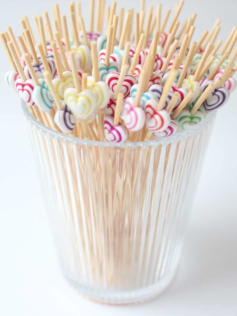 100 件一次性彩色條紋心形竹籤，適合派對、酒吧、裝飾品、水果、蛋糕、零食適合聚會、家庭使用