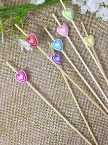 100 件一次性彩色條紋心形竹籤，適合派對、酒吧、裝飾品、水果、蛋糕、零食適合聚會、家庭使用