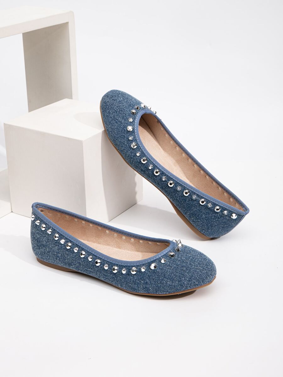女性鉚釘牛仔芭蕾舞鞋帶圓頭,舒服的軟底,合適的適合旅行和工作 - 寶藍色 - 查看 1