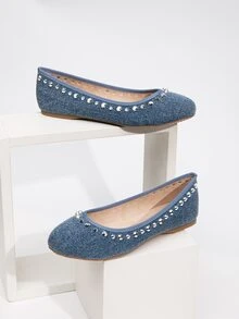 女性鉚釘牛仔芭蕾舞鞋帶圓頭,舒服的軟底,合適的適合旅行和工作 - 寶藍色 - 查看 3