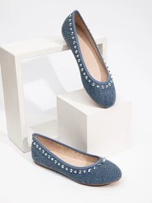 女性鉚釘牛仔芭蕾舞鞋帶圓頭,舒服的軟底,合適的適合旅行和工作 - 寶藍色 - 查看 2