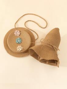 1pc Woven Bag With Flower Decor And Casual Sun Hat, Suitable For Vacation - Khaki - View 4