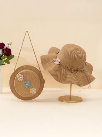 1入組編織包帶花朵裝飾和休閒太陽帽,合適適用於度假