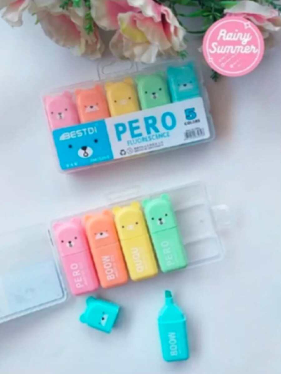 5 Mini Marcatextos Plumones de ositoKawaii - Multicolor - Ver 1