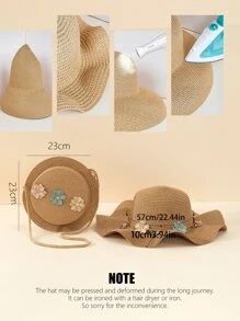 1pc Woven Bag With Flower Decor And Casual Sun Hat, Suitable For Vacation - Khaki - View 5