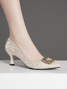 女性尖頭高跟鞋單鞋帶鑽石和薄高跟鞋,合適的適用於在夏天 - 杏色 - 查看 4