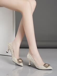 女性尖頭高跟鞋單鞋帶鑽石和薄高跟鞋,合適的適用於在夏天 - 杏色 - 查看 1