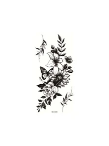 1pc Butterfly Flower Tattoo Sticker Waterproof and Long-lasting Temporary Tattoo - Black - View 3