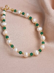 1 pieza Pulsera con cuenta perla natural con piedra preciosa - Verde - Ver 2