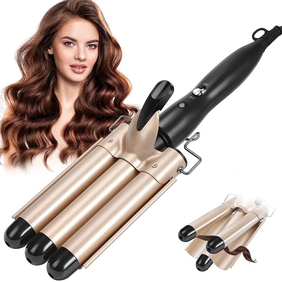Rizador de cabello de 3 barriles, rizador de cabello profesional de 0.984 in (1 pulgada) con dos controles de temperatura, prensadores portátiles de calentamiento rápido para ondas de cabello - Champán - Ver 1