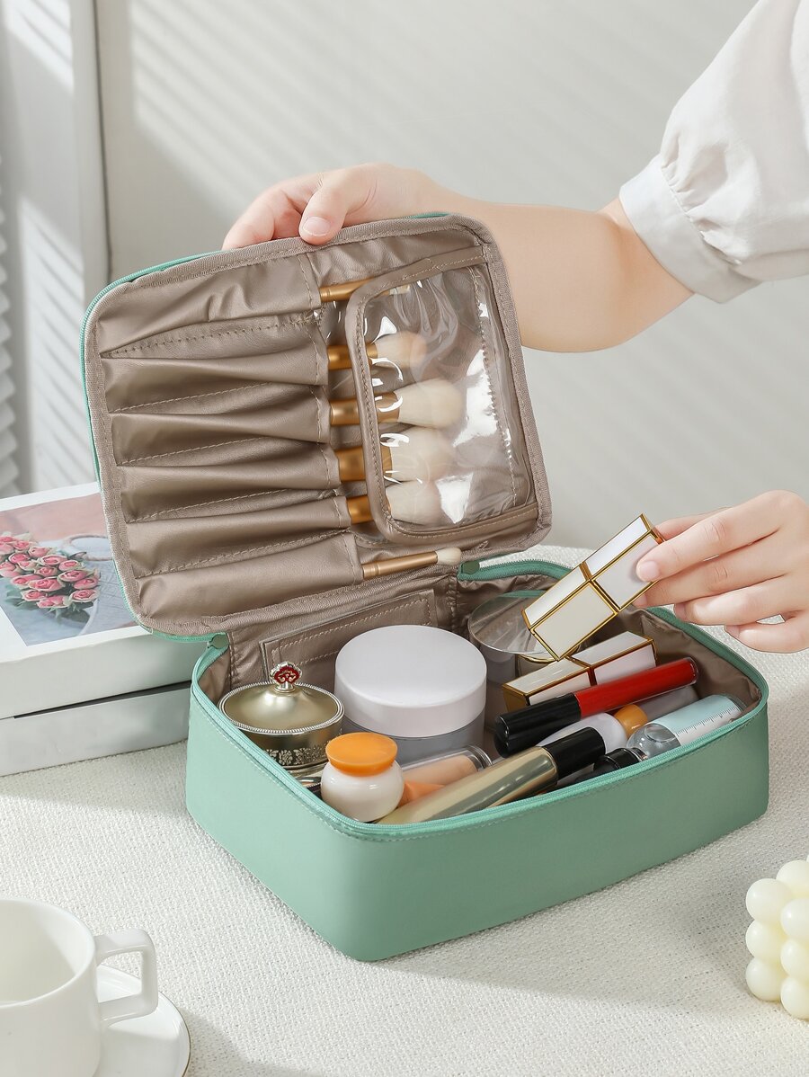 旅行化妆包，1 件轻便多功能防水化妆品收纳包手提包沐浴淋浴钱包袋便携式化妆品刷收纳包带拉链封口，可装口红、刷子、护肤品、手机、硬币、小物品，适合居家、旅行、度假和学校使用，化妆包化妆包护肤包洗漱包收纳袋，旅行必需品邮轮必需品宿舍必需品 - 綠色 - 查看 1