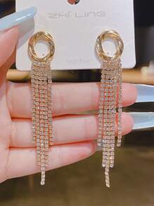2pcs Full Rhinestone Detail Women's Earrings - Fashionable Long Fringed Drop Earrings - Gold - View 13