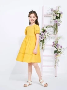 Balabala Tween Girl 夏季泡泡袖衬衫裙 纯色连衣裙 黄色 - 黃色 - 查看 1