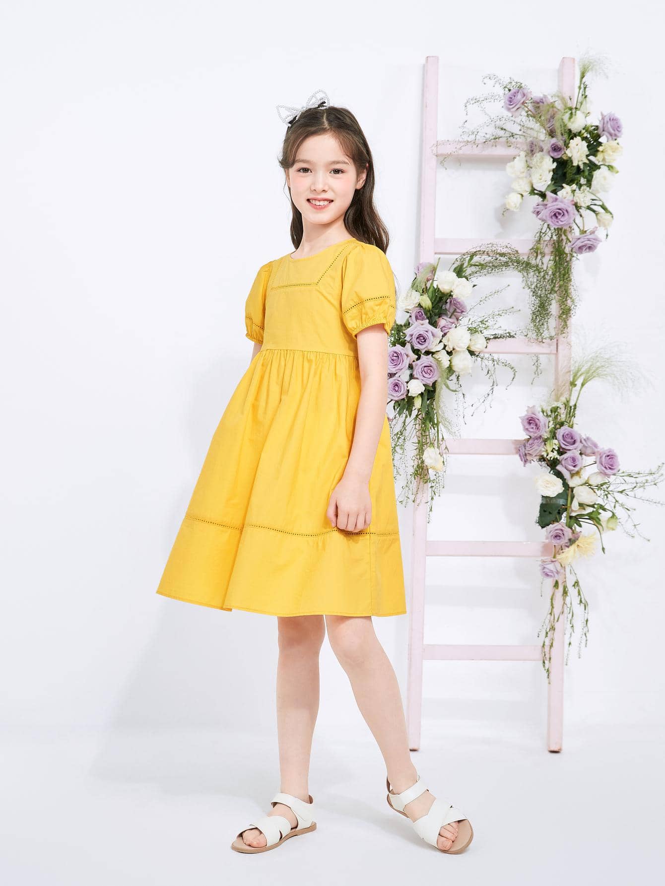 Balabala Tween Girl 夏季泡泡袖衬衫裙 纯色连衣裙 黄色 - 黃色 - 查看 1