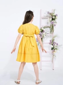 Balabala Tween Girl 夏季泡泡袖衬衫裙 纯色连衣裙 黄色 - 黃色 - 查看 2