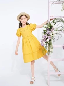 Balabala Tween Girl 夏季泡泡袖衬衫裙 纯色连衣裙 黄色 - 黃色 - 查看 3