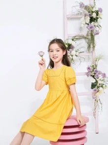 Balabala Tween Girl 夏季泡泡袖衬衫裙 纯色连衣裙 黄色 - 黃色 - 查看 5