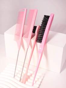 Hair Styling Comb Set, 4pcs, Including Teasing Brush, Rat Tail Comb, Edge Brush, For Edge And Back Brushing, Combing, And Cutting Hair Hair Brush - Pink - View 1