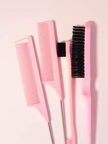 Hair Styling Comb Set, 4pcs, Including Teasing Brush, Rat Tail Comb, Edge Brush, For Edge And Back Brushing, Combing, And Cutting Hair Hair Brush - Pink - View 3