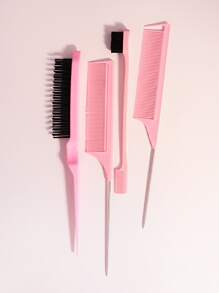 Hair Styling Comb Set, 4pcs, Including Teasing Brush, Rat Tail Comb, Edge Brush, For Edge And Back Brushing, Combing, And Cutting Hair Hair Brush - Pink - View 4