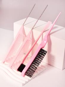 Hair Styling Comb Set, 4pcs, Including Teasing Brush, Rat Tail Comb, Edge Brush, For Edge And Back Brushing, Combing, And Cutting Hair Hair Brush - Pink - View 2