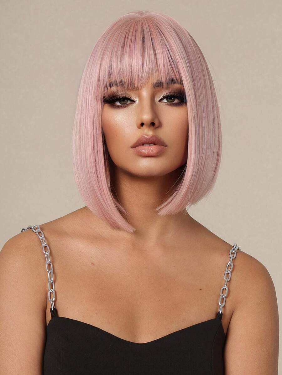 12 Inch Short Straight Synthetic Wig With Bangs, Cosplay Synthetic Wigs Medium Wavy Dark Brown With Bangs Natural Heat Resistant Hair