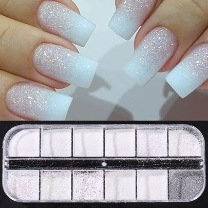 FULL BEAUTY Bột nhũ móng tay đường, 12 ô màu trắng cát lấp lánh Bột nhũ móng tay Bột mạ crôm Trang trí nghệ thuật làm móng DIY Phụ kiện làm móng Đá quý làm móng Đồ dùng làm móng