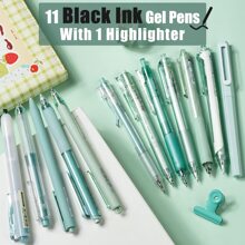 12Pack Pastel Christmas Gel Pens Set, Cute Note Taking 0.5mm Fine Point Retractable 11 Pack Black Ink Pens With 1Pack Highlighter For Writing, School, Office - màu xanh lá - Xem 1