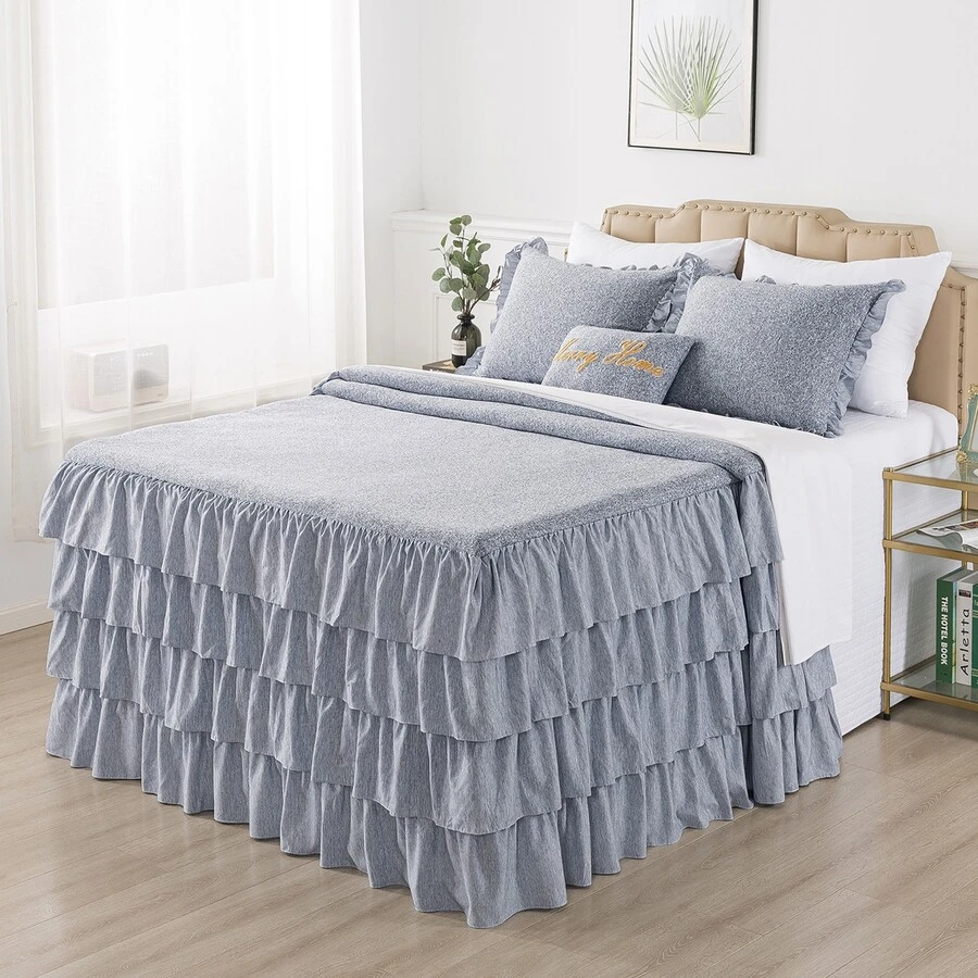 4 Piece Knit Ruffled Style Bed Skirt Coverlets Bedspreads With Throw Pillow - Xem 1