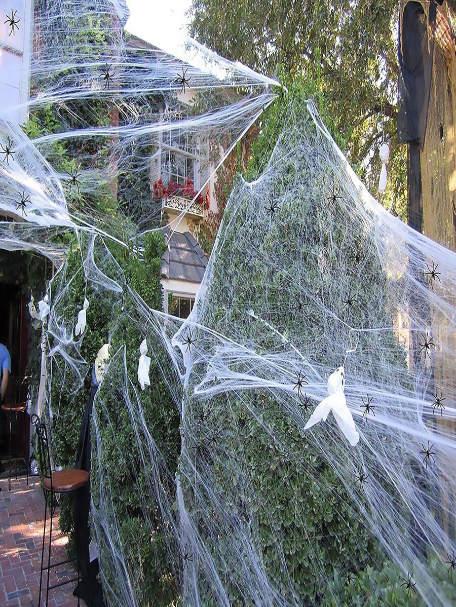 1套-蜘蛛網100克,帶40入組模擬蜘蛛萬聖節裝飾,超彈力蜘蛛網萬聖節室內外派對用品 - 白色 - 查看 1