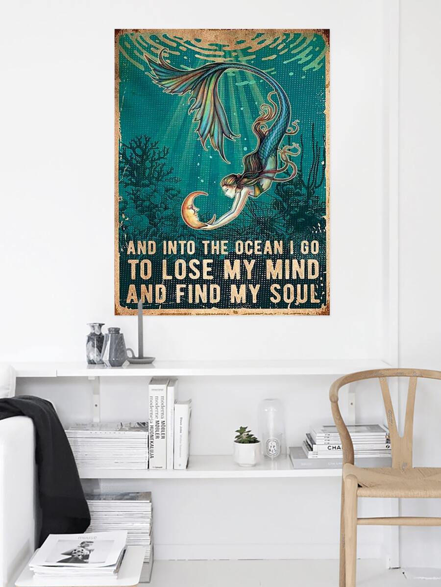 1入組進入海洋，我失去了理智，找到了靈魂帆布印刷品，美人魚海報，海洋牆藝術，臥室，客廳裝飾，創意禮物，無框 - 綠色 - 查看 1