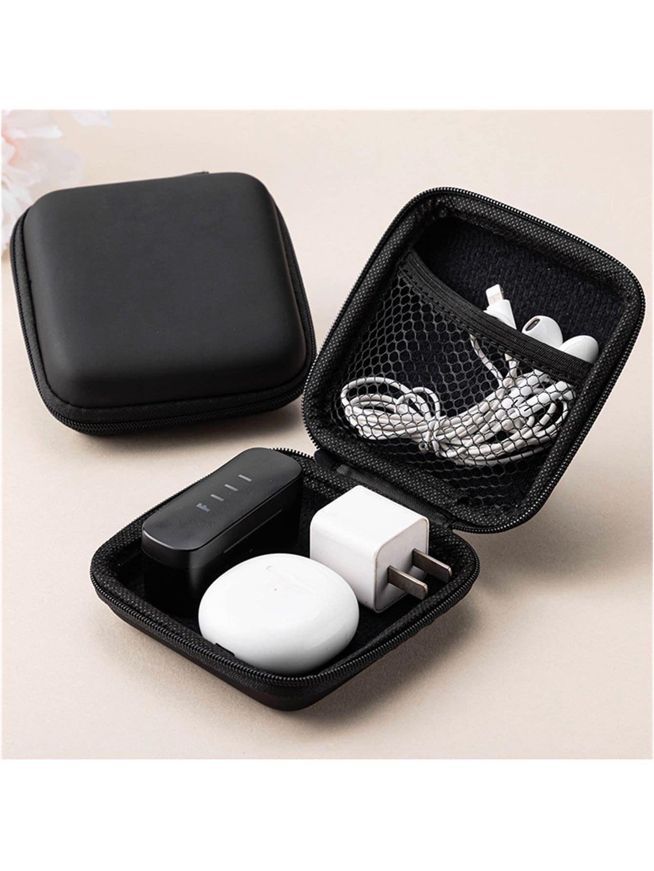 2 piezas negro viaje portátil Organizador de cable Bolso para carga de teléfono Cable , Auricular con Cable de dato gestión , ideal para viajar , vacación con actividades al aire libre - Negro - Ver 1