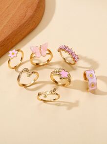 甜美風格7枚/套五尖星蝴蝶雛菊油戒指女