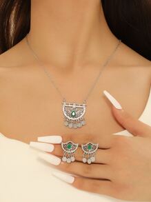 3 件/套鋅合金銀色水鑽裝飾圓形吊墜和鏤空設計耳環和項鍊套裝 - 銀色 - 查看 1