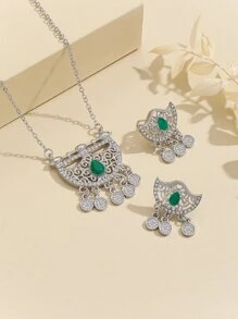 3 件/套鋅合金銀色水鑽裝飾圓形吊墜和鏤空設計耳環和項鍊套裝 - 銀色 - 查看 5