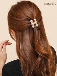 1pc Mini Faux Pearl Decor Cute Hair Claw Elegant - Gold - View 2