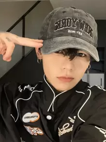 1頂復古洗水暗灰色丹寧棒球帽，街頭風 - 深灰色 - 查看 1