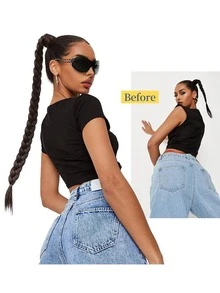 Long Braided Ponytail Extension with Hair Tie Straight Wrap Around Hair Extensions Ponytail Natural Soft Synthetic Hair Piece for Women Daily Wear 26inch 30inch 34 Inch 1pc Black - Black - View 4