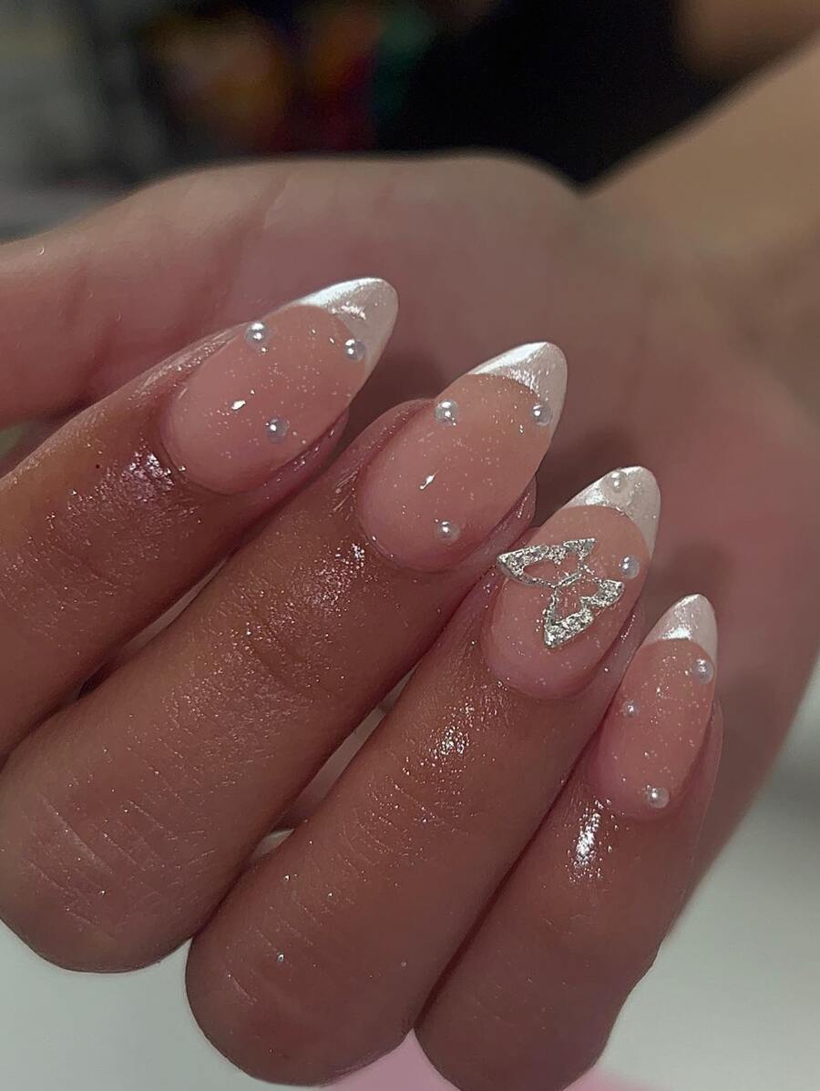 24入組長形杏仁形白色法式及3D蝴蝶人造指甲，提升你的氣質；適用於女性和女孩日常工作穿戴裝飾指甲貼壓克力指甲供應 - 彩色 - 查看 1