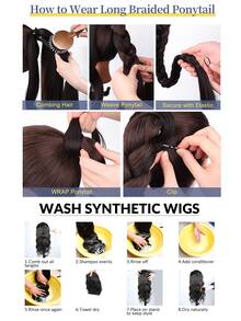 長辮子馬尾接髮與髮圈，直接束在頭上的髮片接髮，天然柔軟的合成髮絲，適合女性日常佩戴，16英寸、26英寸、30英寸、34英寸、1入組黑色