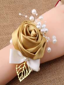 珍珠、金箔、缎带蝴蝶结、金玫瑰手腕和翻领胸花，适合伴娘和新娘，婚礼装饰情人节 - 金色 - 查看 2