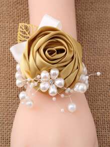 珍珠、金箔、缎带蝴蝶结、金玫瑰手腕和翻领胸花，适合伴娘和新娘，婚礼装饰情人节 - 金色 - 查看 1