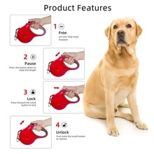 1 dây xích thú cưng màu đỏ abs có tay cầm chống trượt tiện dụng và dây đeo dệt có thể thu vào 3m/5m không bị rối 360°, thích hợp cho chó ngoài trời - Đỏ - Xem 3