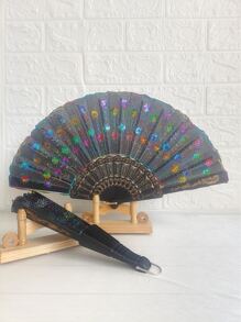 1入組亮片裝飾手工扇子現代滌綸空心月亮和星星家用折扇 - 彩色 - 查看 1