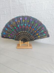 1入組亮片裝飾手工扇子現代滌綸空心月亮和星星家用折扇 - 彩色 - 查看 2