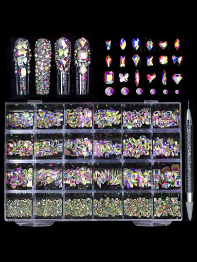 Kit di strass per unghie 24 griglie, stile estetico Y2K, forma piatta e asimmetrica, decorazione per manicure fai-da-te, accessori per unghie
