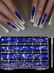 Nail Art 24-Grid Diepblauwe Y2K Esthetische Strass Decoratie Set - Platte En Asymmetrische Vormige Nageldecoraties DIY Nagelbedels Nageljuwelen Nagelbenodigdheden