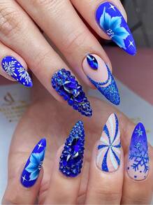 Nail Art 24-Grid Diepblauwe Y2K Esthetische Strass Decoratie Set - Platte En Asymmetrische Vormige Nageldecoraties DIY Nagelbedels Nageljuwelen Nagelbenodigdheden